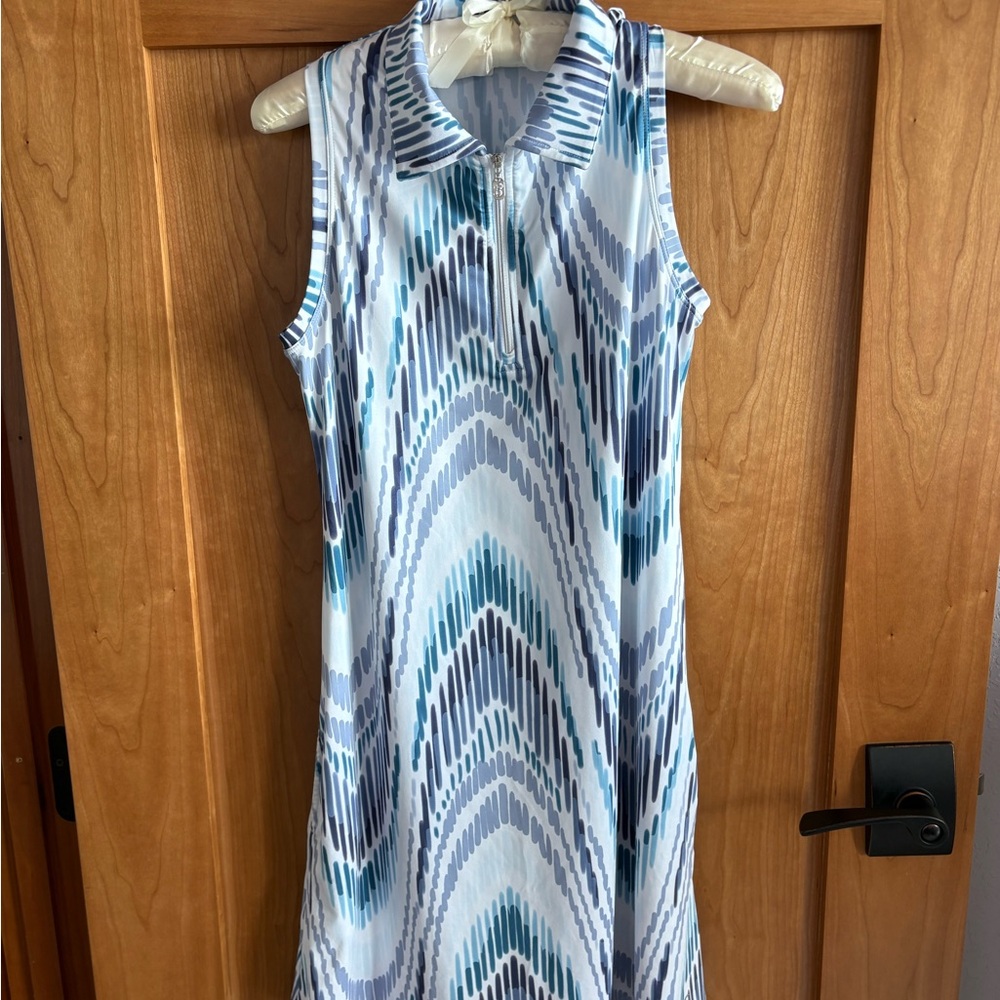San Soleil Sleeveless Collared Blue Wave-Print Golf Dress